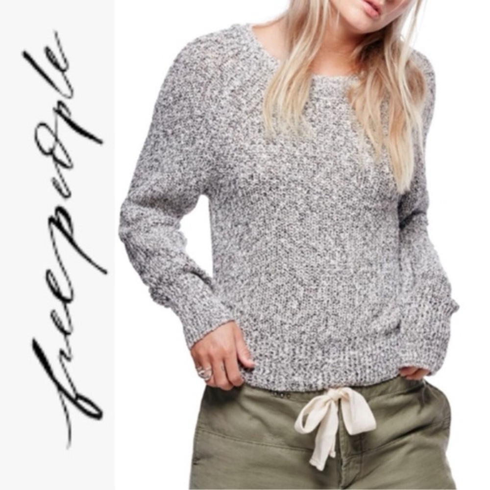 Free People Chunky Cotton Knit Cropped Sweater Black Gray White Sweater Sz S - Picture 1 of 13